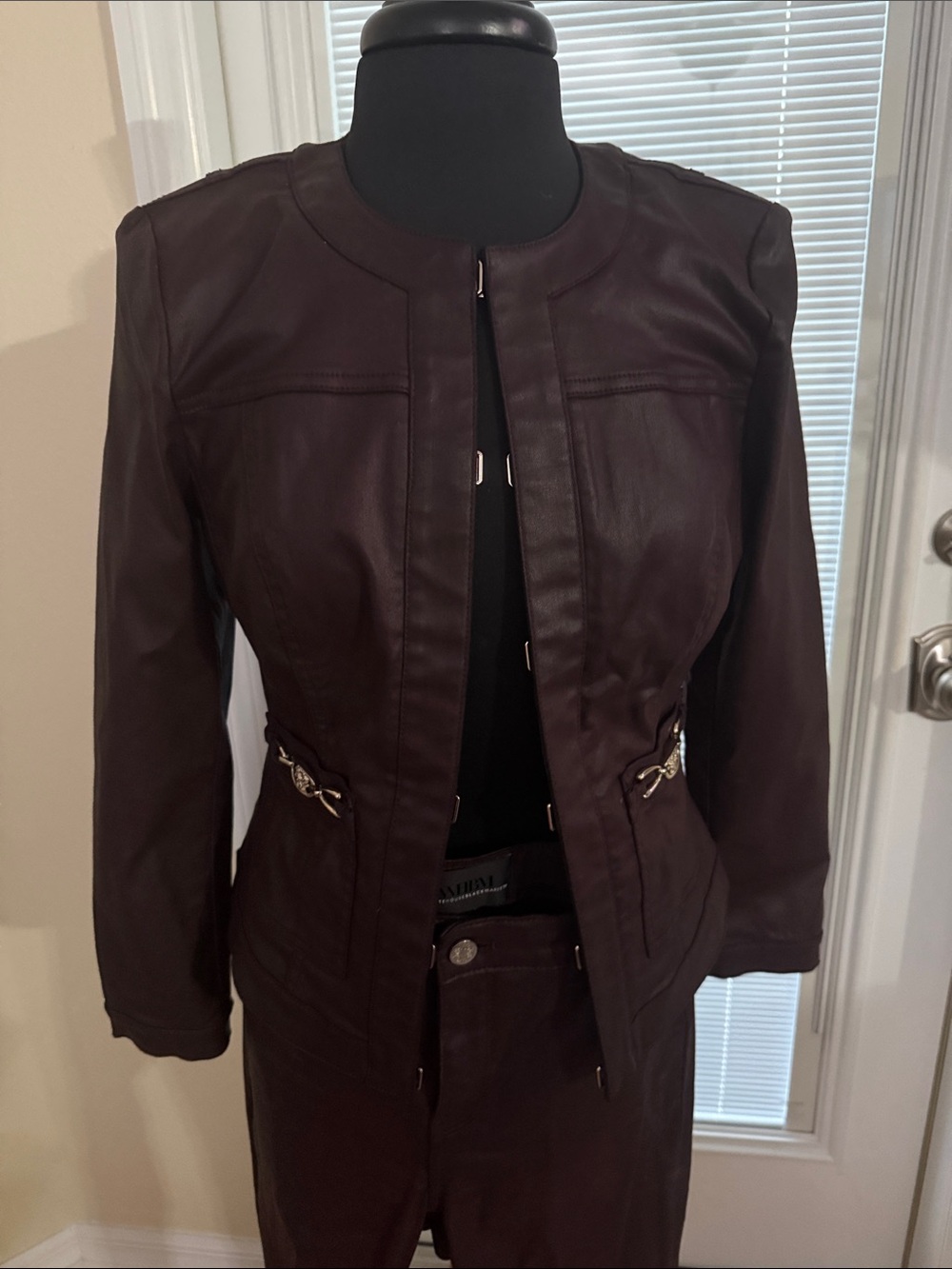 White House Black Market Women's Deep Burgandy Faux Leather gold hardware Jacket